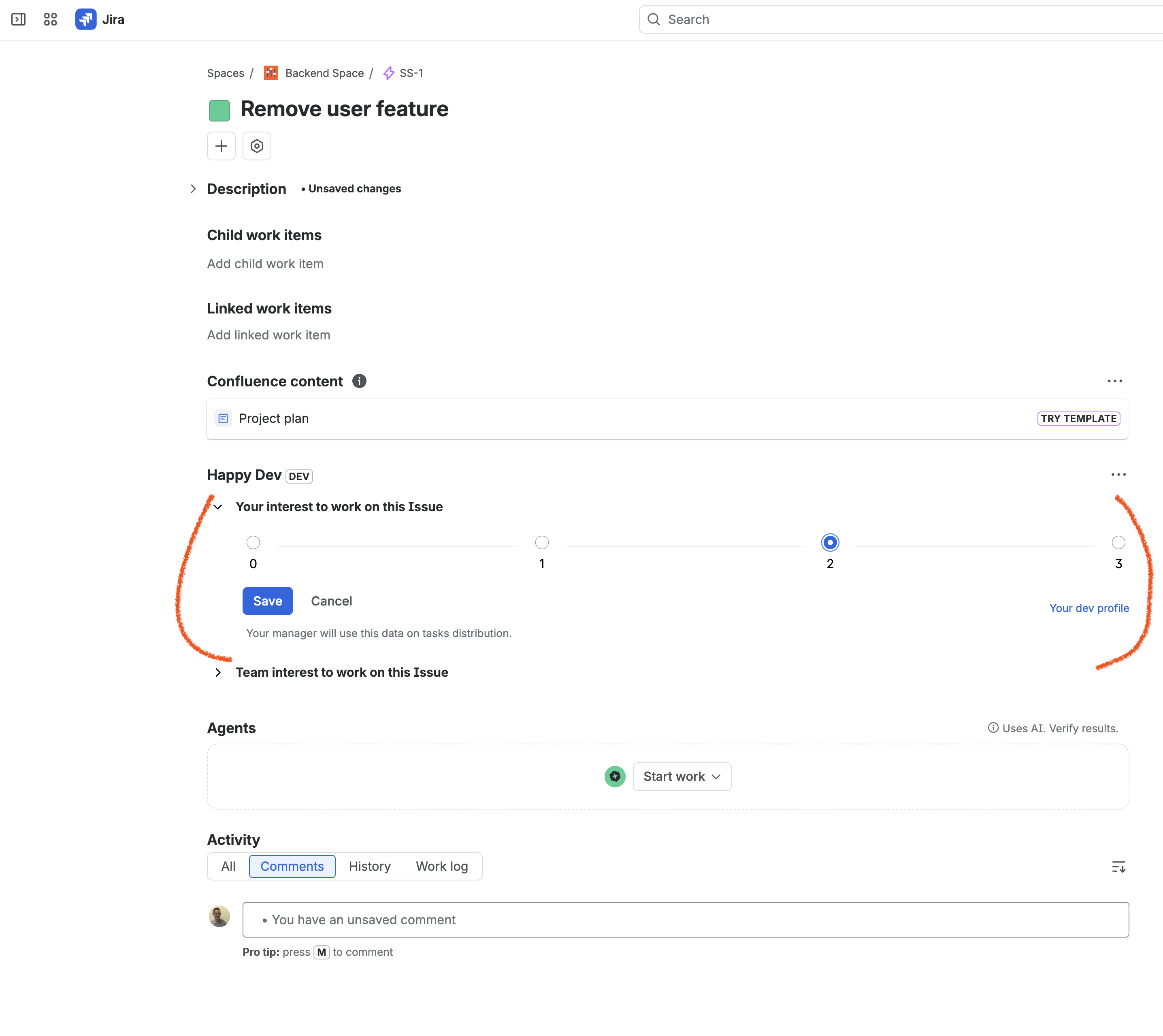 Jira issue with a Happy Dev panel for marking interest in working on it