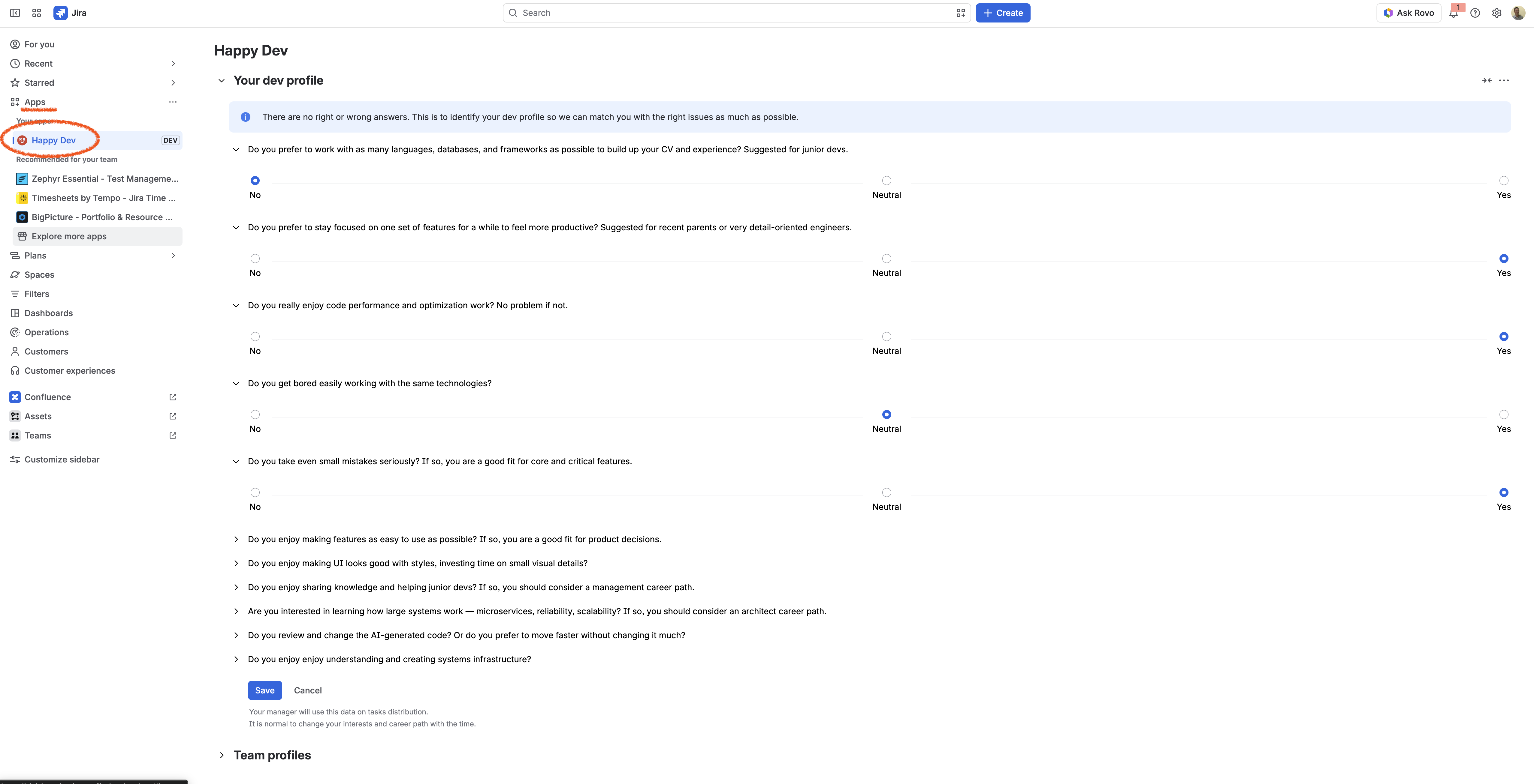 Happy Dev profile editor showing yes/no/neutral questions about work preferences