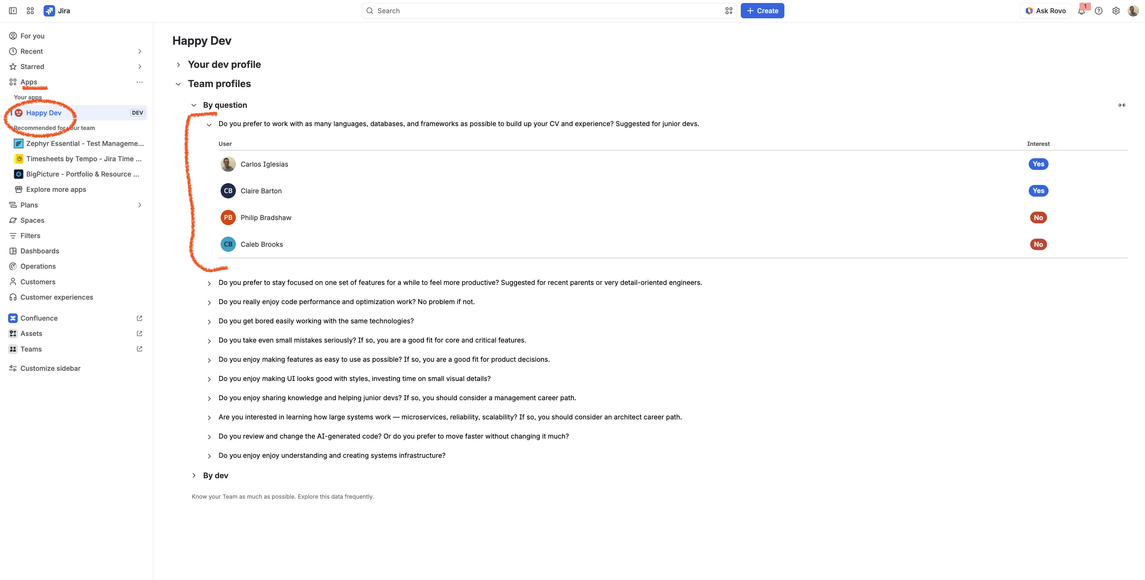 Team profiles view grouped by question showing each developer's answer